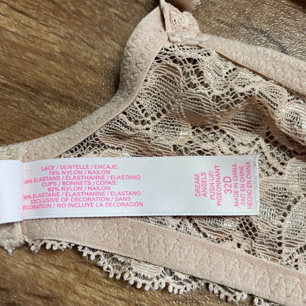 Victorias Secret Nude Dream Push Up Bra Womens Size 32D Beige Lace Padded Tan - Picture 8 of 8